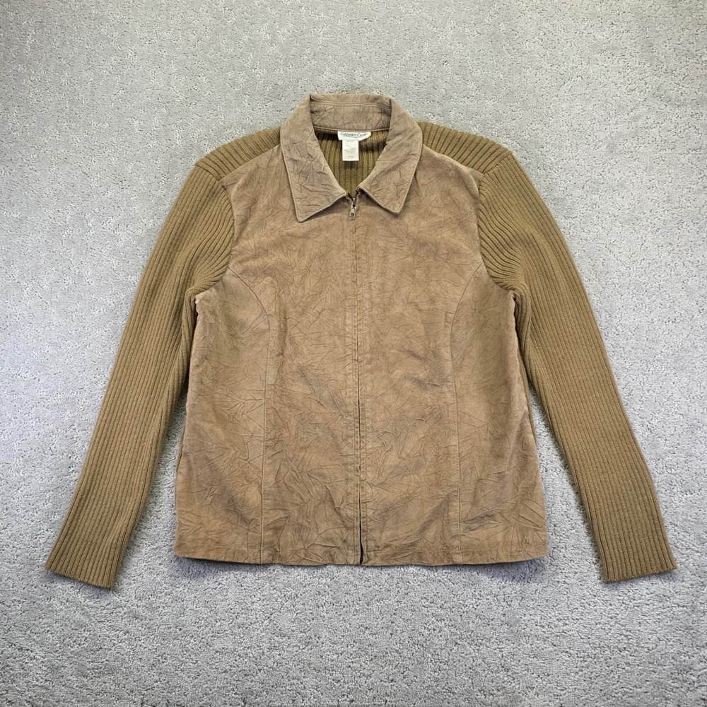 Vintage Coldwater Creek Leather Jacket Womens Large Tan Zip Up Wool Blend Sleeve